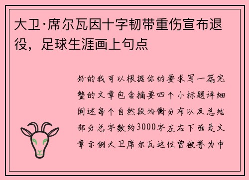 大卫·席尔瓦因十字韧带重伤宣布退役，足球生涯画上句点
