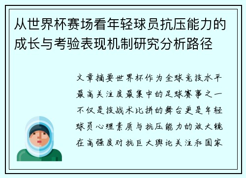 从世界杯赛场看年轻球员抗压能力的成长与考验表现机制研究分析路径