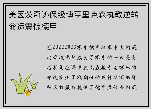 美因茨奇迹保级博亨里克森执教逆转命运震惊德甲
